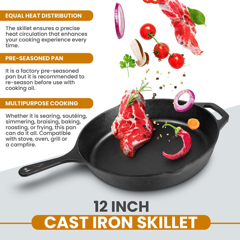 Utopia Kitchen Saute Frying Pan 12 Inch, Cast Iron Chefs Pan, Pre Seasoned Cast iron Skillet With Lid, Safe Grill Cookware for Indoor & Outdoor Use, Black - Image 4